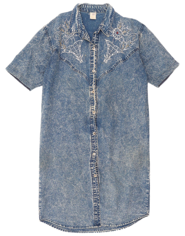 Vintage Womens Short Sleeve Denim Shirt Dress UK 14 Medium Blue
