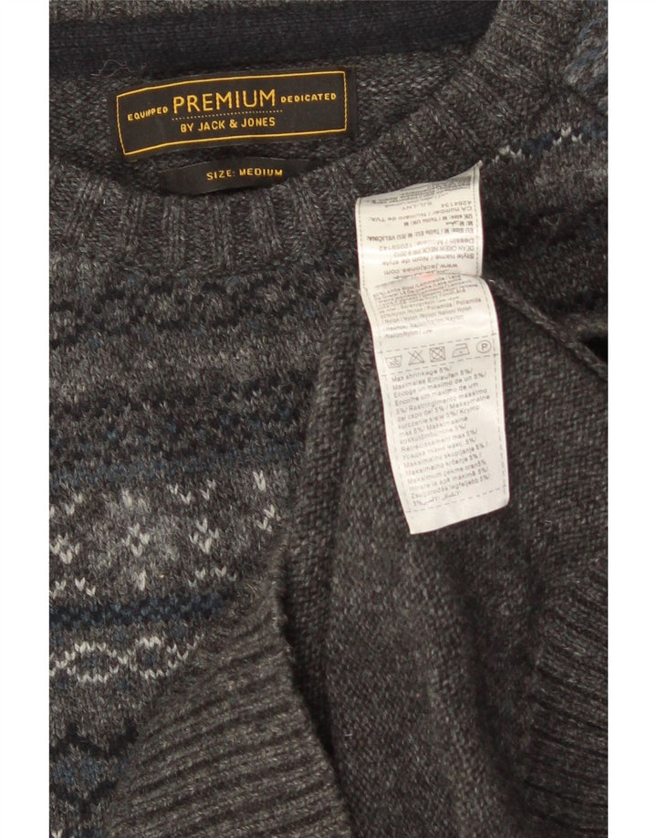JACK & JONES Mens Boat Neck Jumper Sweater Medium Grey Fair Isle Lambswool
