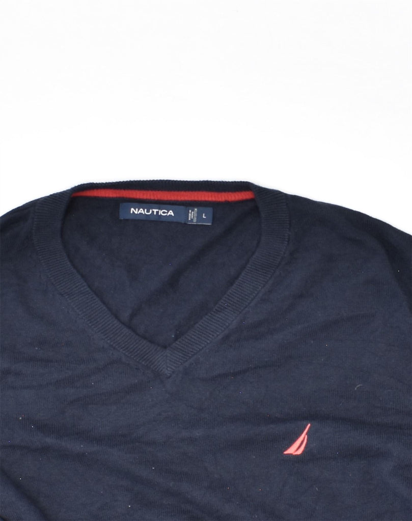NAUTICA Mens V-Neck Jumper Sweater Large Navy Blue Cotton | Vintage Nautica | Thrift | Second-Hand Nautica | Used Clothing | Messina Hembry 