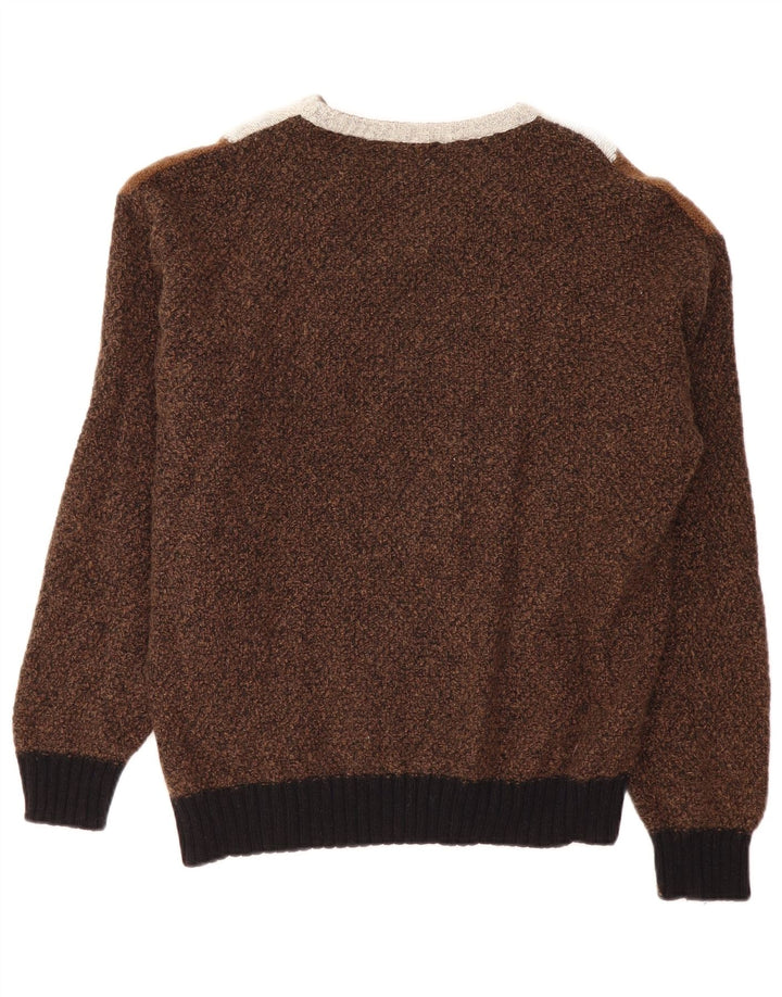 VINTAGE Mens V-Neck Jumper Sweater Large Brown Colourblock