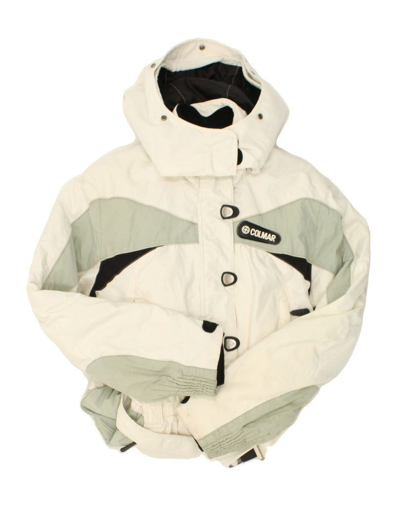 COLMAR Womens Hooded Ski Jumpsuit EU 42 Medium Off White Colourblock | Vintage Colmar | Thrift | Second-Hand Colmar | Used Clothing | Messina Hembry 
