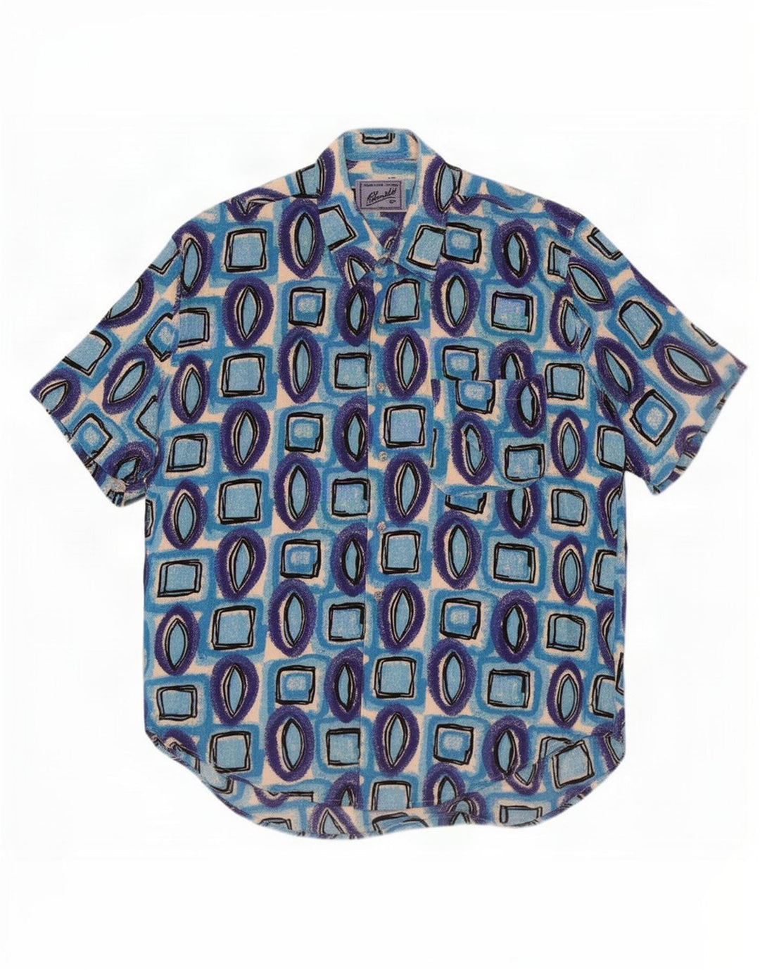 Vintage Mens Short Sleeve Shirt Medium Blue Geometric Viscose