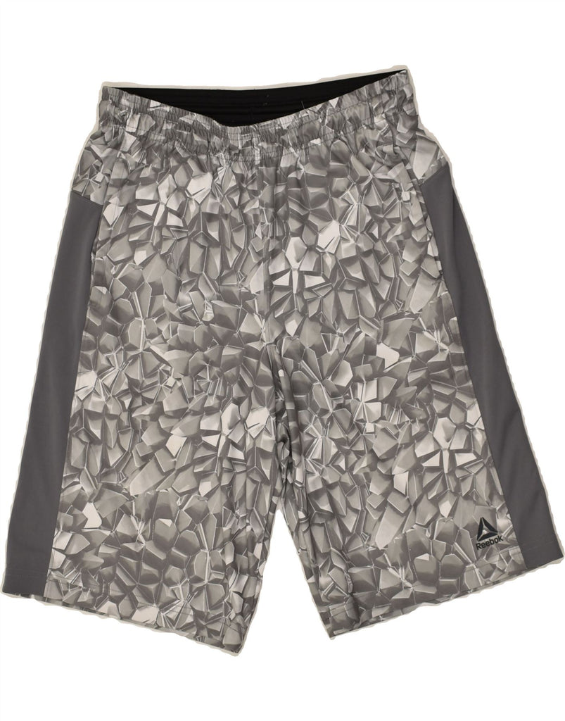 REEBOK Boys Abstract Pattern Sport Shorts 15-16 Years XL Grey Geometric | Vintage Reebok | Thrift | Second-Hand Reebok | Used Clothing | Messina Hembry 