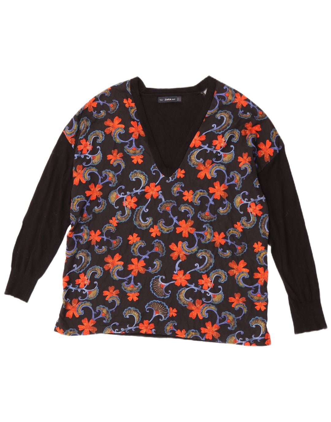 Zara Womens Top Long Sleeve UK 14 Medium Black Floral Wool