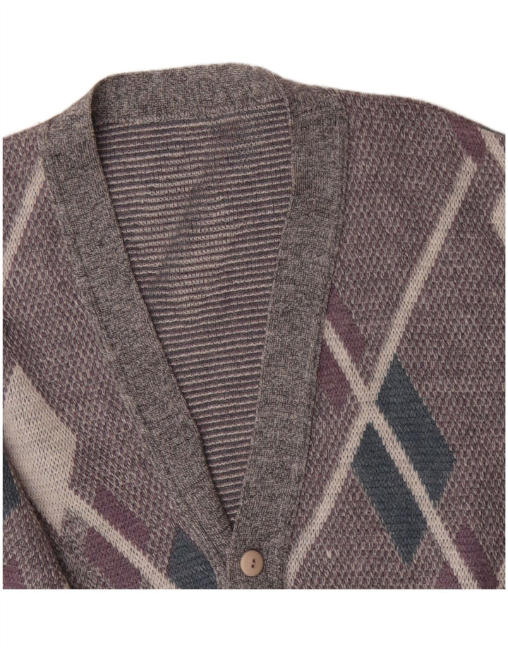 Vintage Mens Cardigan Sweater Large Grey Argyle/Diamond