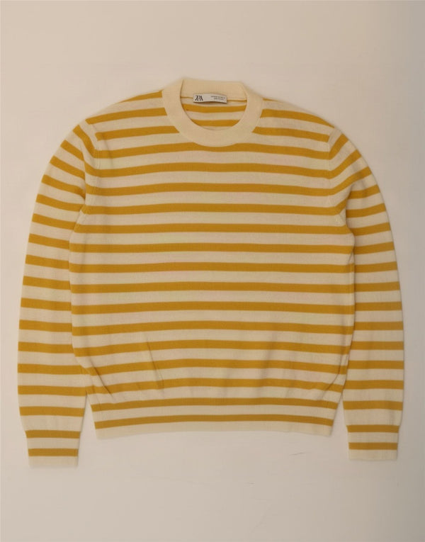 Zara Womens Crew Neck Jumper Sweater UK 14 Medium Yellow Striped Polyamide