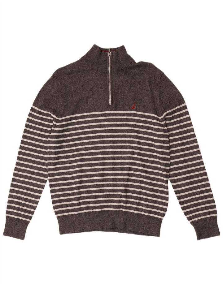 Nautica Mens Zip Neck Jumper Sweater Small Grey Striped Cotton