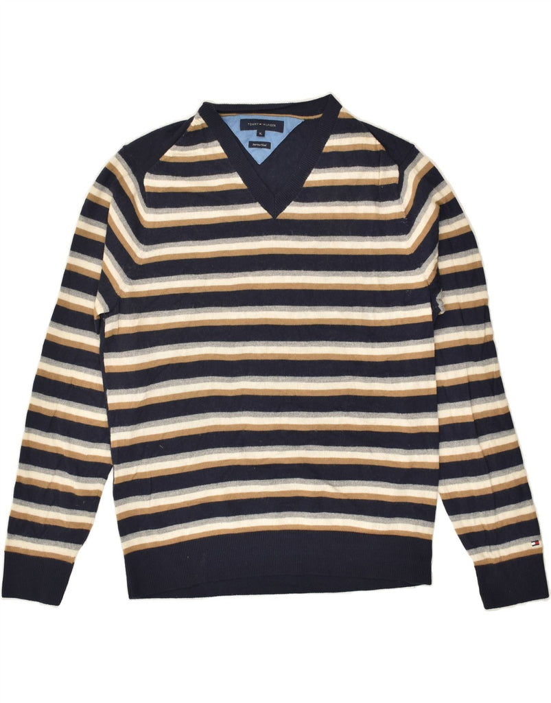 TOMMY HILFIGER Mens V-Neck Jumper Sweater XL Navy Blue Striped Merino Wool | Vintage Tommy Hilfiger | Thrift | Second-Hand Tommy Hilfiger | Used Clothing | Messina Hembry 