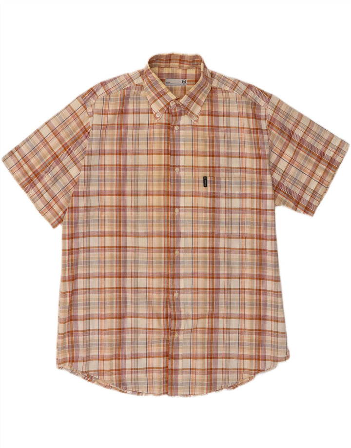 Sergio Tacchini Mens Short Sleeve Shirt Large Beige Check Cotton