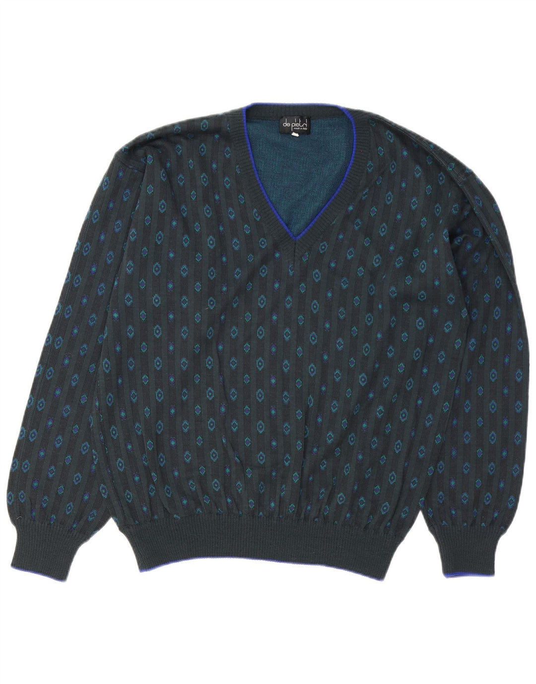 De Pietri Mens V-Neck Jumper Sweater IT 50 Medium Grey Geometric Cotton