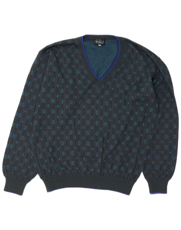 De Pietri Mens V-Neck Jumper Sweater IT 50 Medium Grey Geometric Cotton