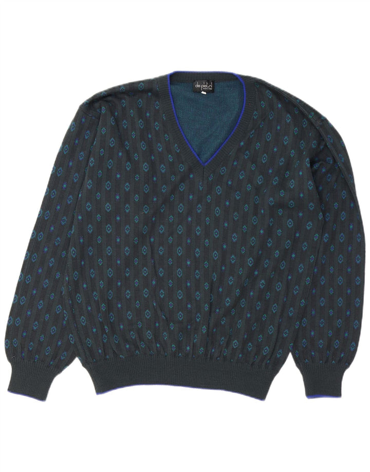 De Pietri Mens V-Neck Jumper Sweater IT 50 Medium Grey Geometric Cotton