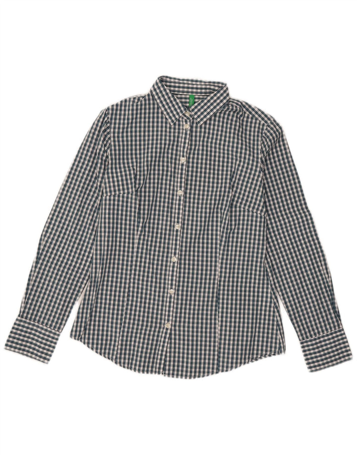 Benetton Womens Shirt UK 12 Medium Green Gingham Cotton