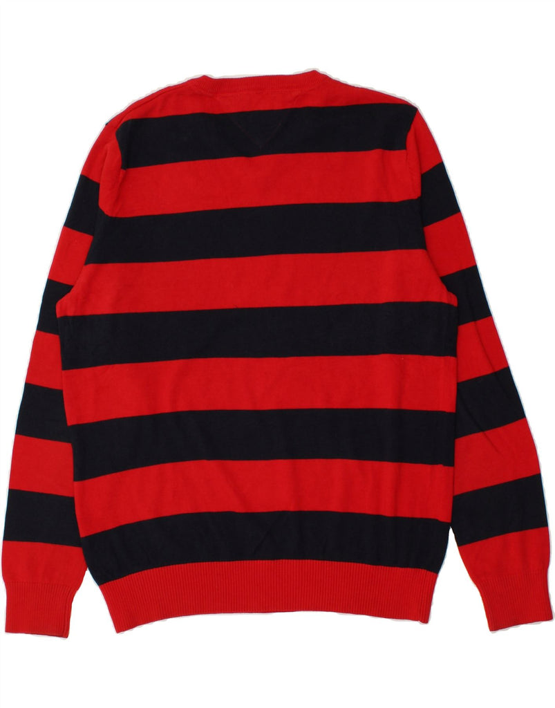 TOMMY HILFIGER Mens V-Neck Jumper Sweater Large Red Striped Cotton | Vintage Tommy Hilfiger | Thrift | Second-Hand Tommy Hilfiger | Used Clothing | Messina Hembry 