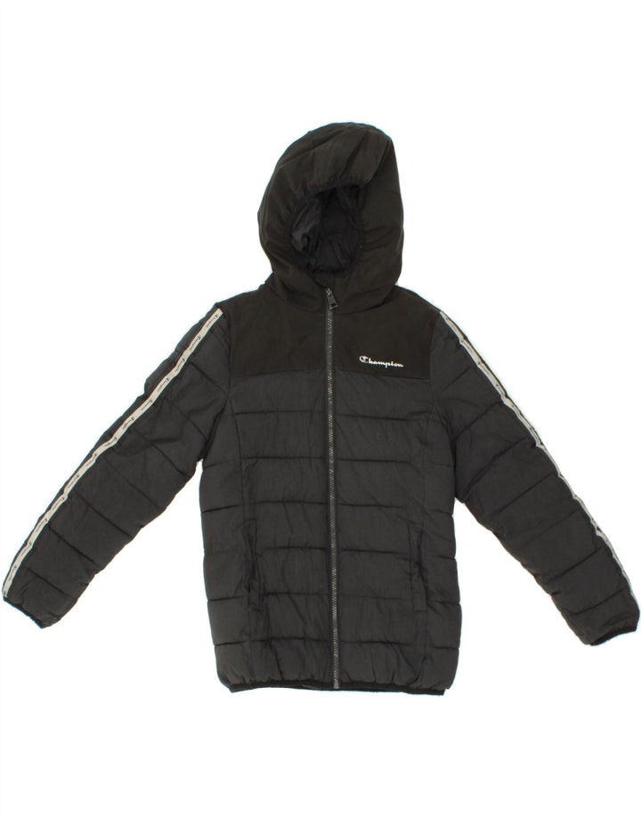 CHAMPION Boys Hooded Padded Jacket 9-10 Years Medium Black Polyamide Vintage Champion and Second-Hand Champion from Messina Hembry 