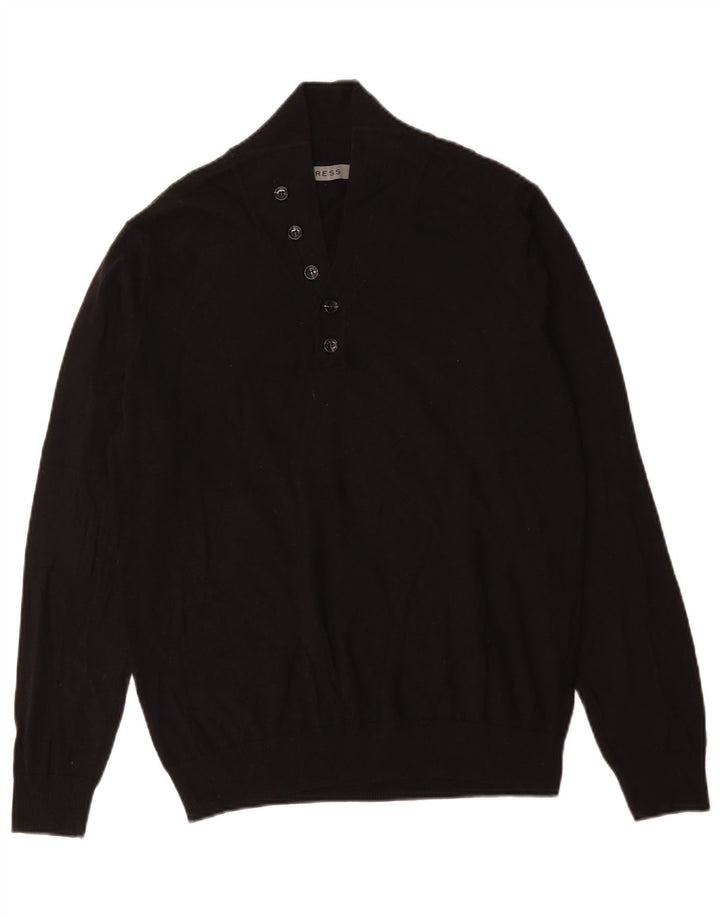 Reiss Mens Button Neck Jumper Sweater Large Black Cotton