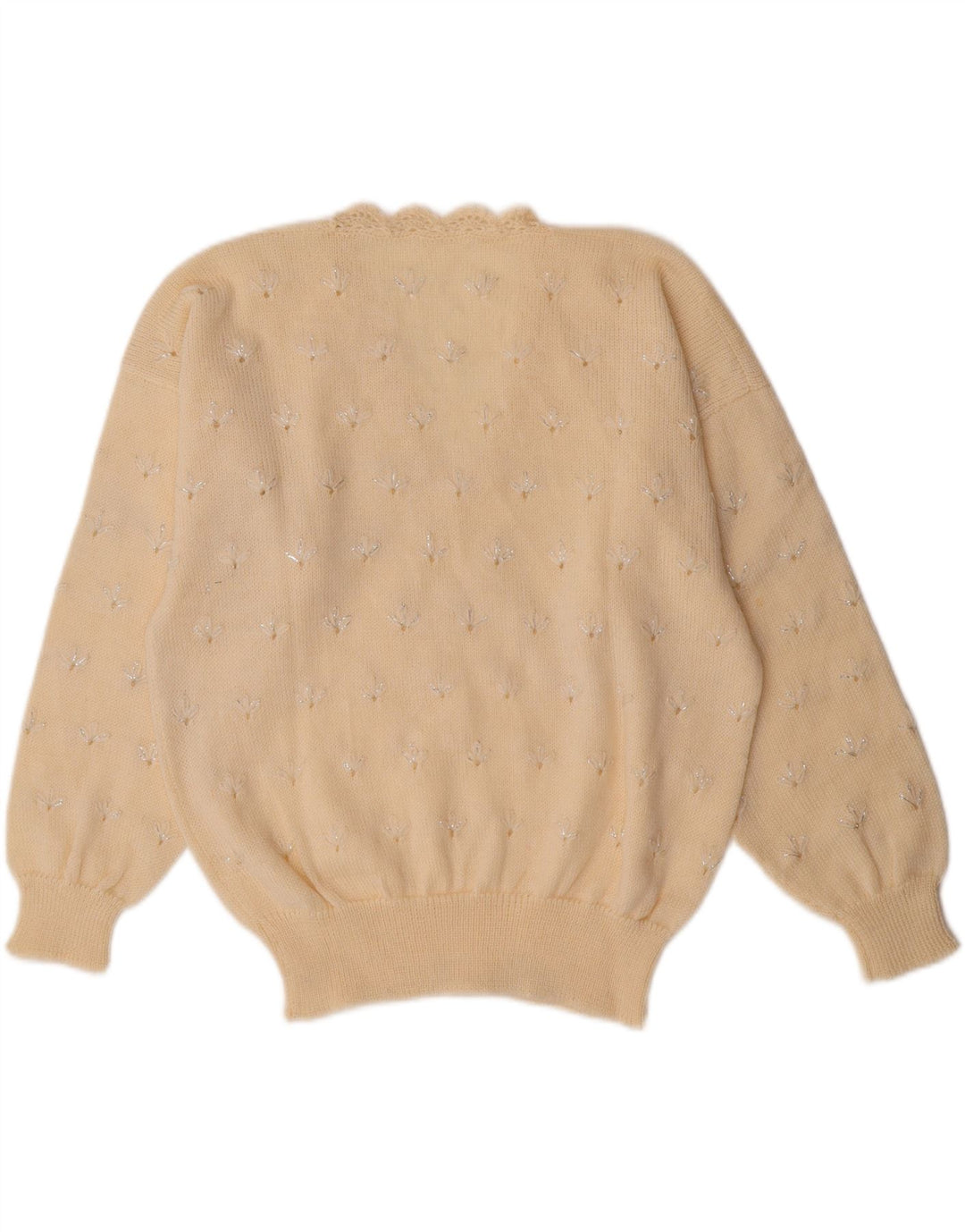 VINTAGE Womens V-Neck Jumper Sweater UK 14 Medium Off White Floral