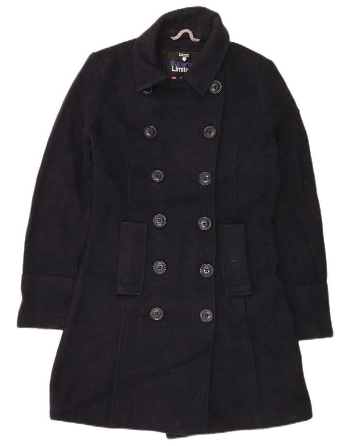 Superdry Womens Double Breasted Coat UK 10 Small Navy Blue Acrylic