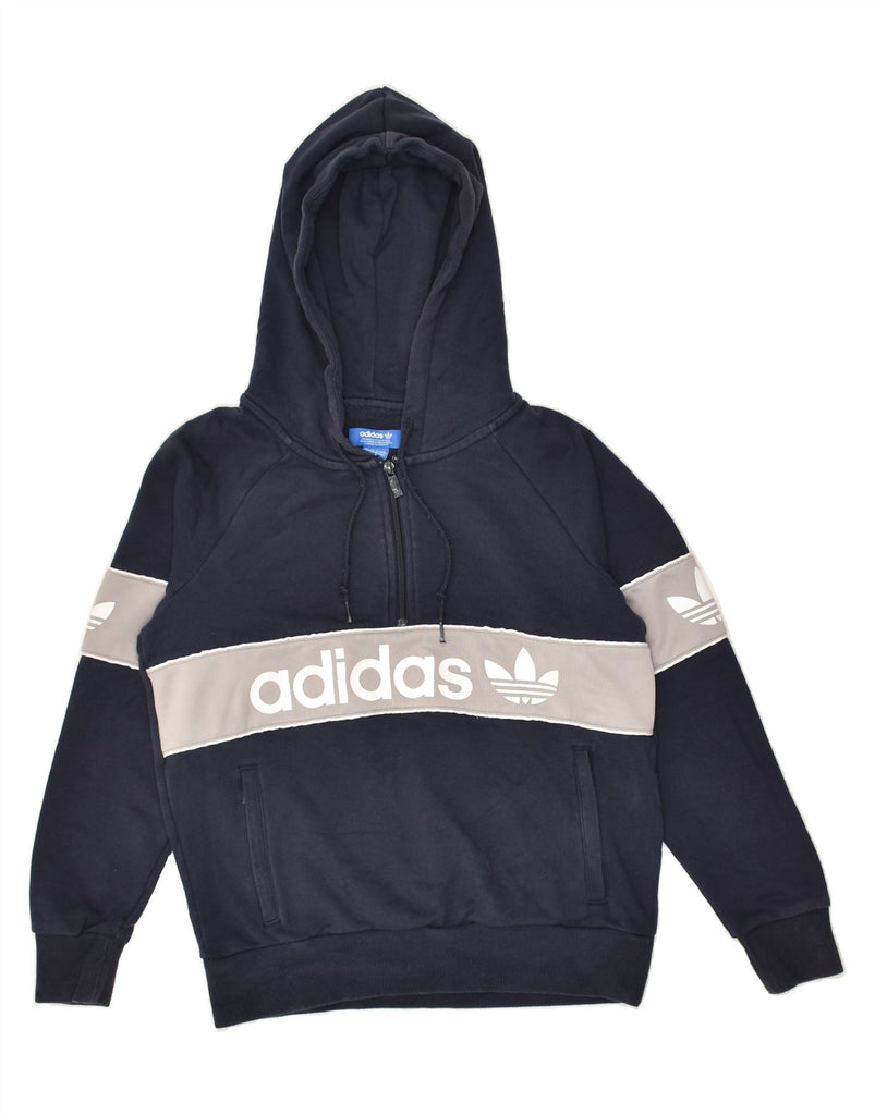 ADIDAS Womens Graphic Hoodie Jumper UK 6 XS  Navy Blue Colourblock Cotton | Vintage Adidas | Thrift | Second-Hand Adidas | Used Clothing | Messina Hembry 