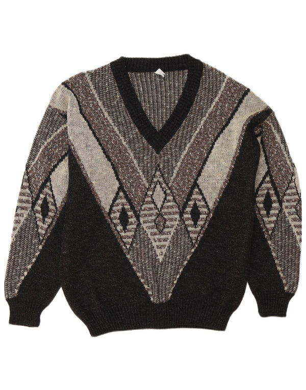 Vintage Mens V-Neck Jumper Sweater UK 38/40 Medium Black Colourblock