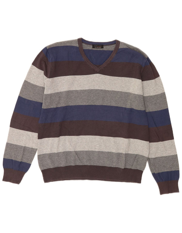 Zara Mens V-Neck Jumper Sweater Large Multicoloured Striped Cotton