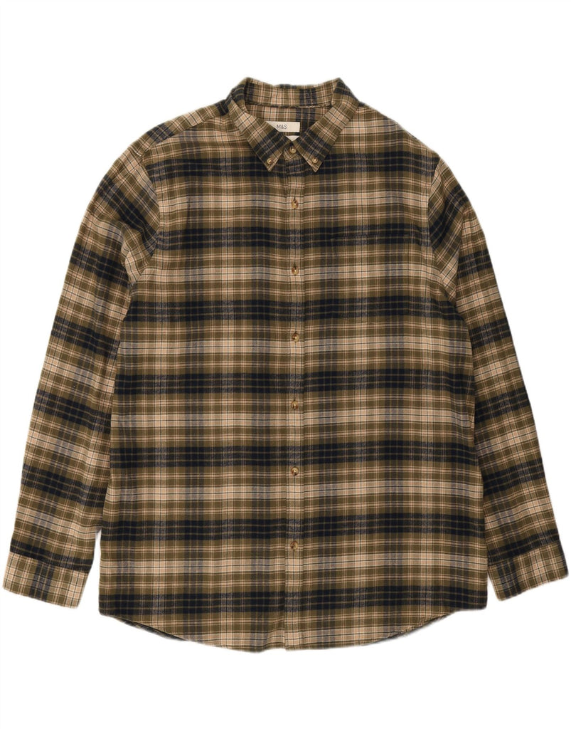 MARKS & SPENCER Mens Flannel Shirt 2XL Khaki Check Cotton Vintage Marks & Spencer and Second-Hand Marks & Spencer from Messina Hembry 