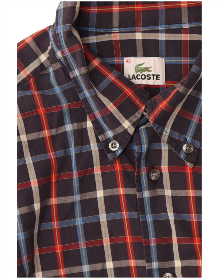 Lacoste Mens Short Sleeve Shirt Size 40 Medium Navy Blue Check Cotton