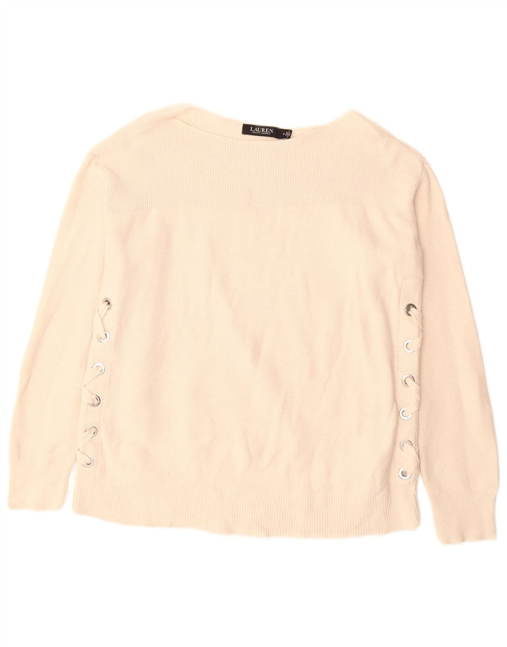 RALPH LAUREN Womens Boat Neck Jumper Sweater UK 12 Medium Beige Cotton