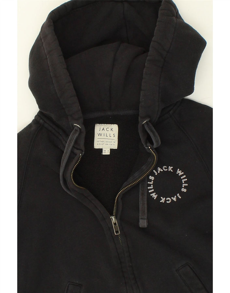 JACK WILLS Womens Crop Graphic Zip Hoodie Sweater UK 8 Small Black Cotton | Vintage Jack Wills | Thrift | Second-Hand Jack Wills | Used Clothing | Messina Hembry 