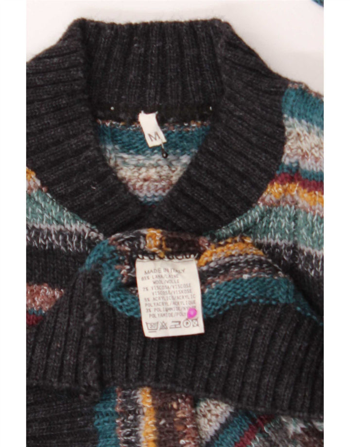 Vintage Mens Button Neck Jumper Sweater Medium Multicoloured Striped Wool