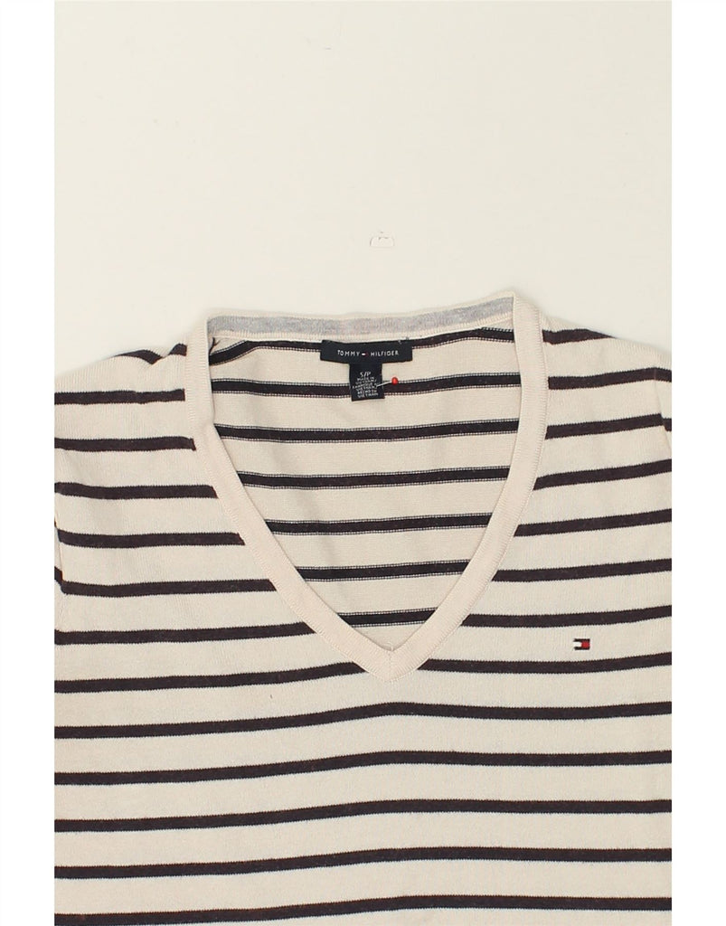 TOMMY HILFIGER Womens V-Neck Jumper Sweater UK 10 Small Off White Striped | Vintage Tommy Hilfiger | Thrift | Second-Hand Tommy Hilfiger | Used Clothing | Messina Hembry 