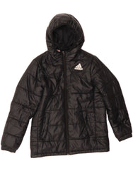 ADIDAS Boys Hooded Padded Jacket 11-12 Years Black Polyester