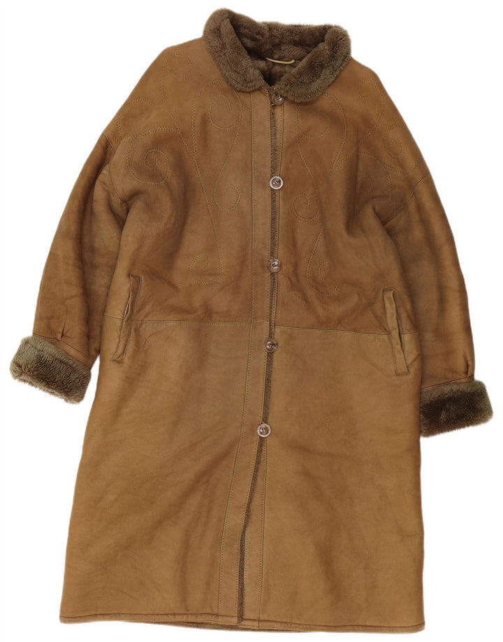 Vintage Womens Shearling Coat EU 42 Large Brown Leather