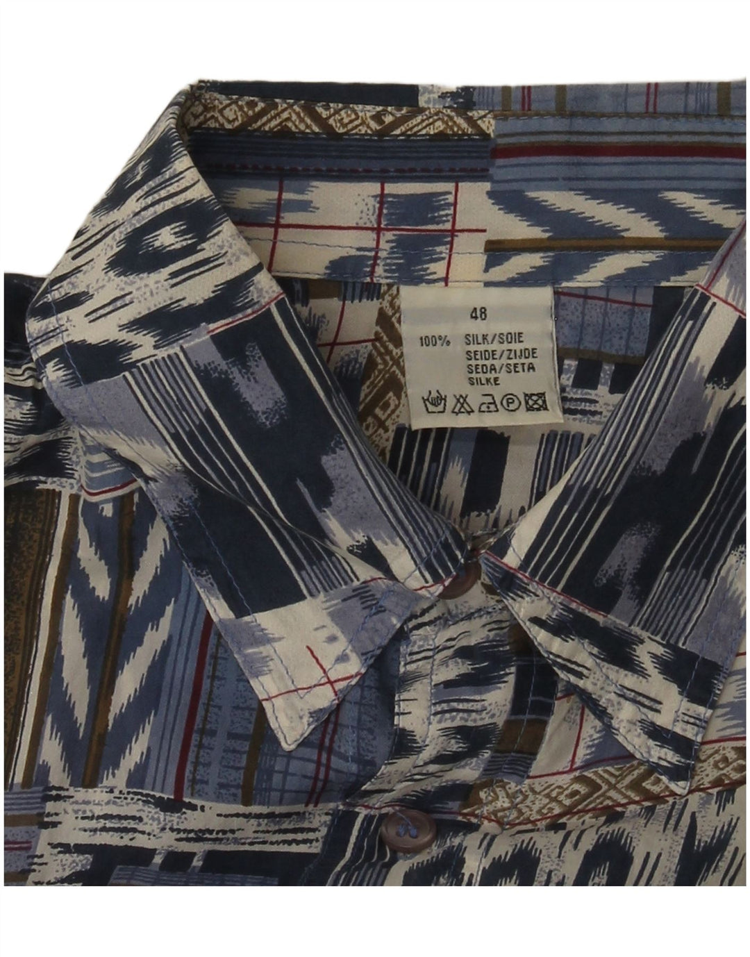 Vintage Mens Short Sleeve Shirt IT 48 Medium Blue Patchwork Silk