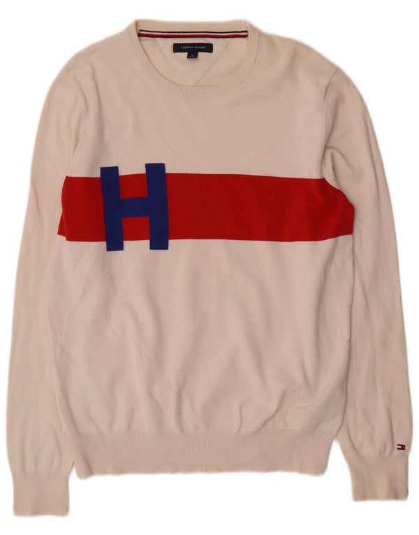 Tommy Hilfiger Mens Boat Neck Jumper Sweater Medium White Colourblock