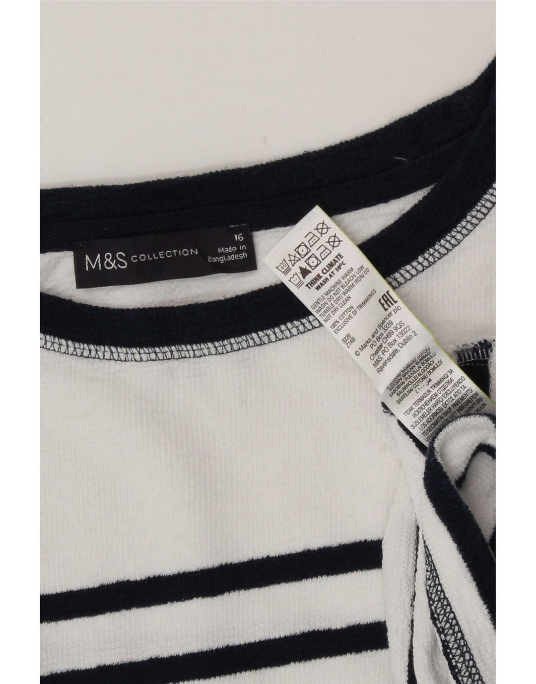 Marks & Spencer Womens Top Long Sleeve UK 16 Large White Striped Cotton