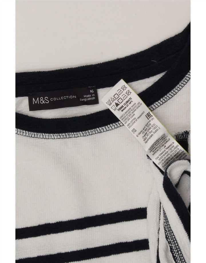 Marks & Spencer Womens Top Long Sleeve UK 16 Large White Striped Cotton