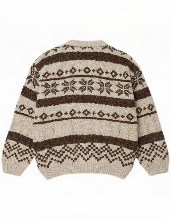 Vintage Mens Crew Neck Jumper Sweater Medium Beige Fair Isle Wool