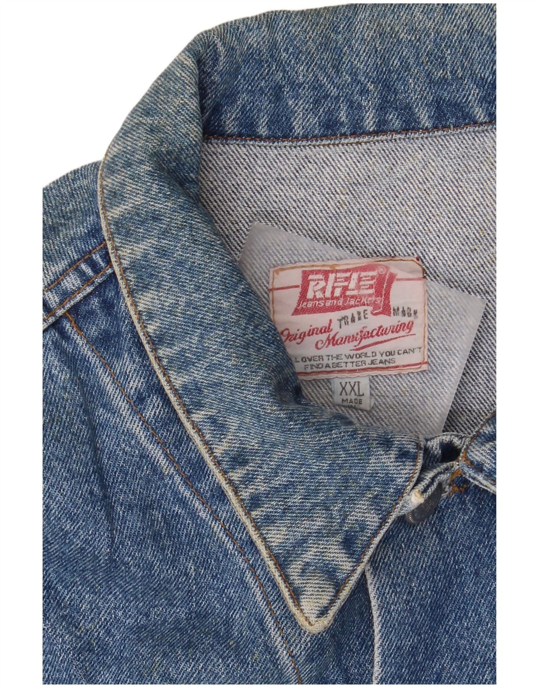 Rifle Mens Graphic Denim Jacket UK 44 2XL Blue Retro
