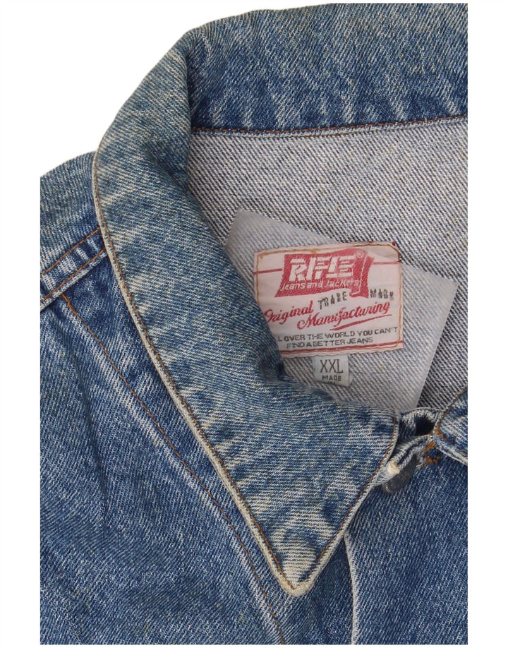 Rifle Mens Graphic Denim Jacket UK 44 2XL Blue Retro