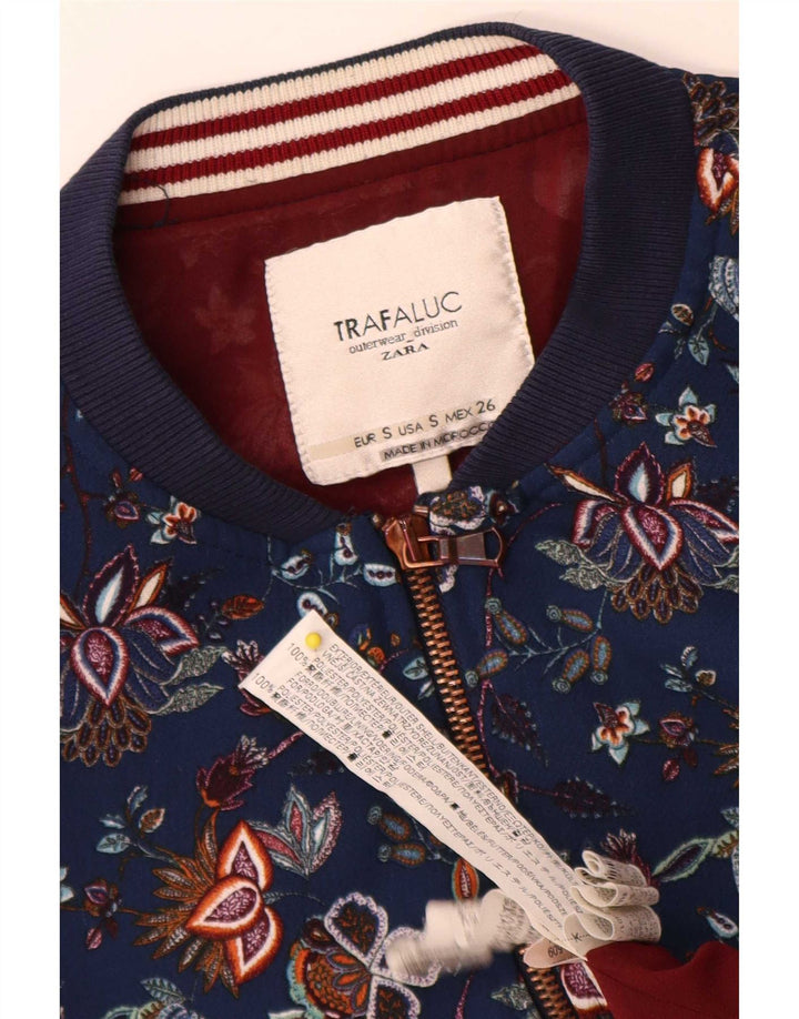 Zara Womens Trafaluc Bomber Jacket UK 10 Small Navy Blue Floral Polyester