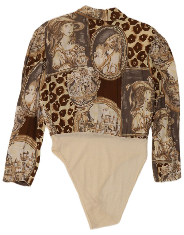 Vintage Womens Abstract Pattern Long Sleeve Bodysuit UK 14 Medium Brown