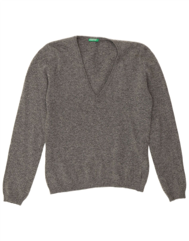 Benetton Womens V-Neck Jumper Sweater UK 12 Medium Grey Wool
