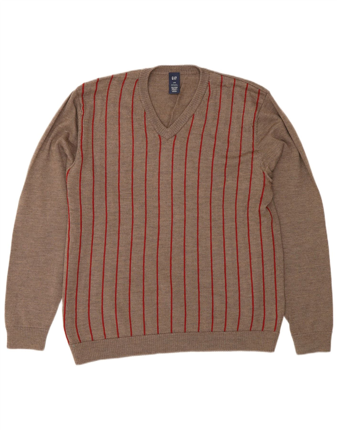 Gap Mens V-Neck Jumper Sweater Large Grey Striped Merino Wool