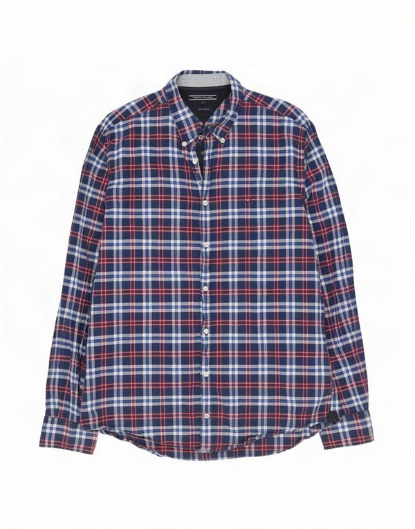 Tommy Hilfiger Mens New York Fit Shirt XL Navy Blue Plaid Cotton