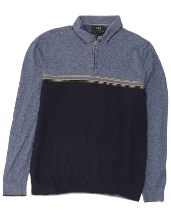 Marks & Spencer Mens Polo Neck Jumper Sweater Small Blue Colourblock Cotton