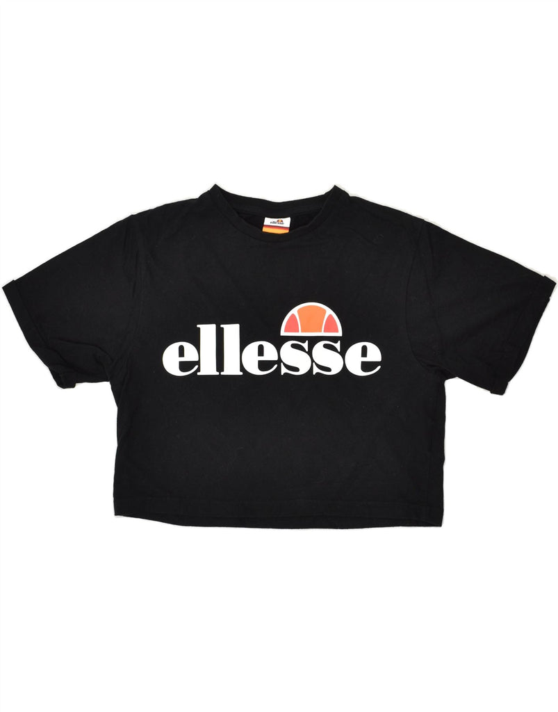 ELLESSE Womens Graphic Crop Top UK 8 Small  Black Cotton | Vintage Ellesse | Thrift | Second-Hand Ellesse | Used Clothing | Messina Hembry 