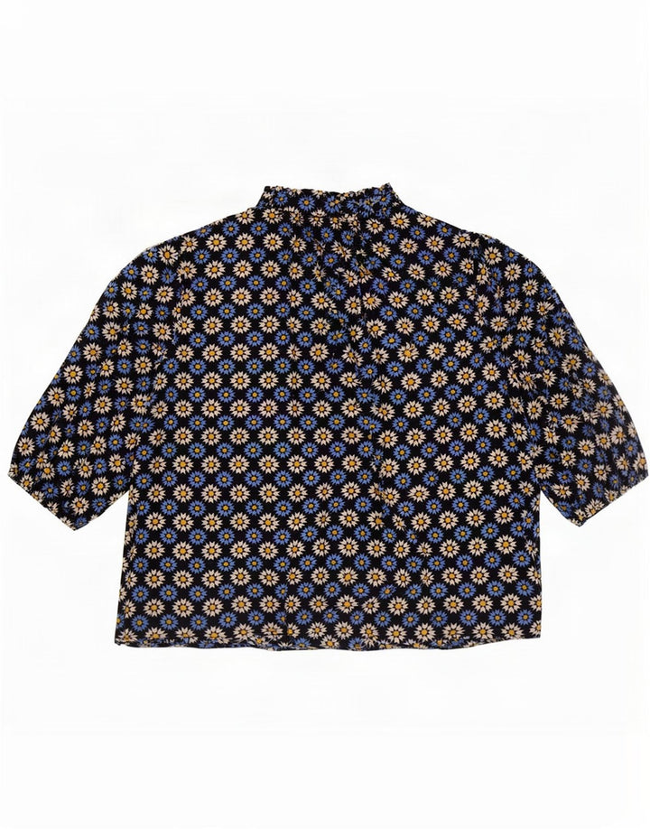Marks & Spencer Womens Front Tie Blouse Top UK 16 Large Navy Blue Floral