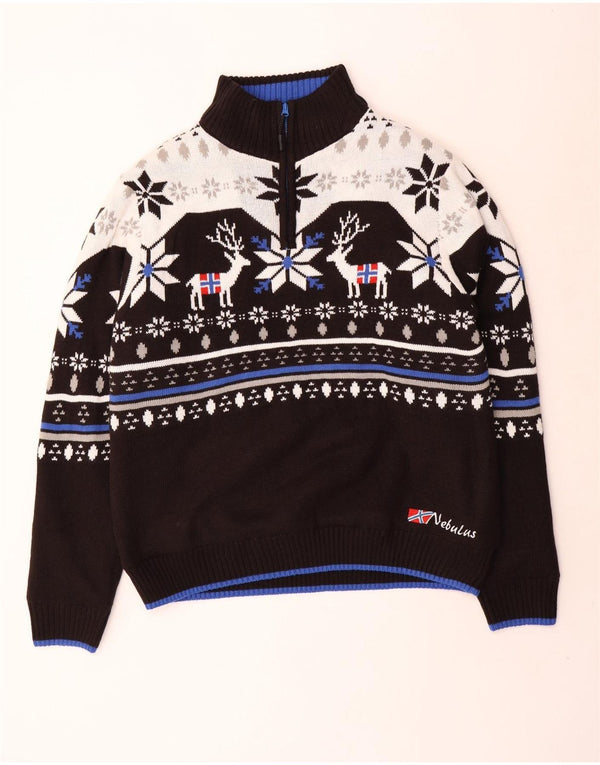 Nebulus Mens Sherpa Zip Neck Jumper Sweater UK 42 Large Black Fair Isle