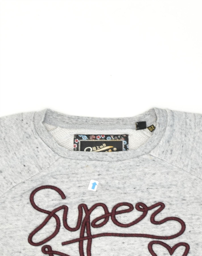 SUPERDRY Womens Graphic Sweatshirt Jumper UK 10 Small  Grey Flecked Cotton | Vintage Superdry | Thrift | Second-Hand Superdry | Used Clothing | Messina Hembry 